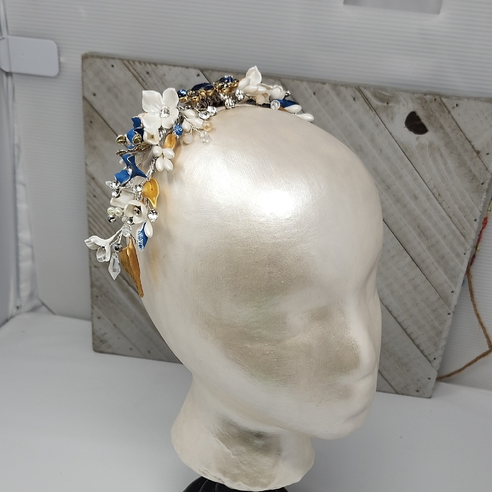 Elegant Blue and Gold Floral Headband - Picture 10 of 15